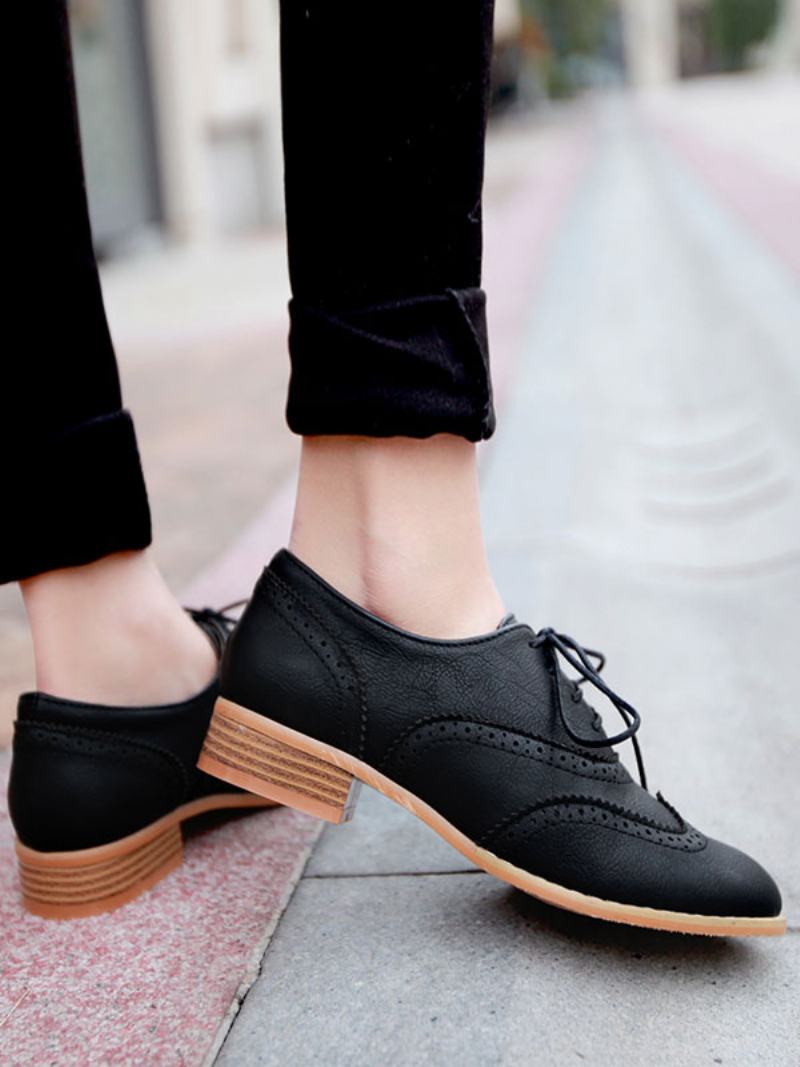 Γυναικεία Καφέ Lace Up Wingtip Brogues Casual Oxfords - Μαύρο