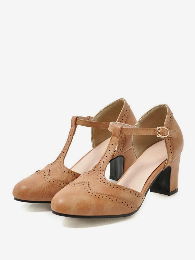 Γυναικεία Λευκά Vintage Παπούτσια Chunky Heek T Strap Pumps - Κίτρινο