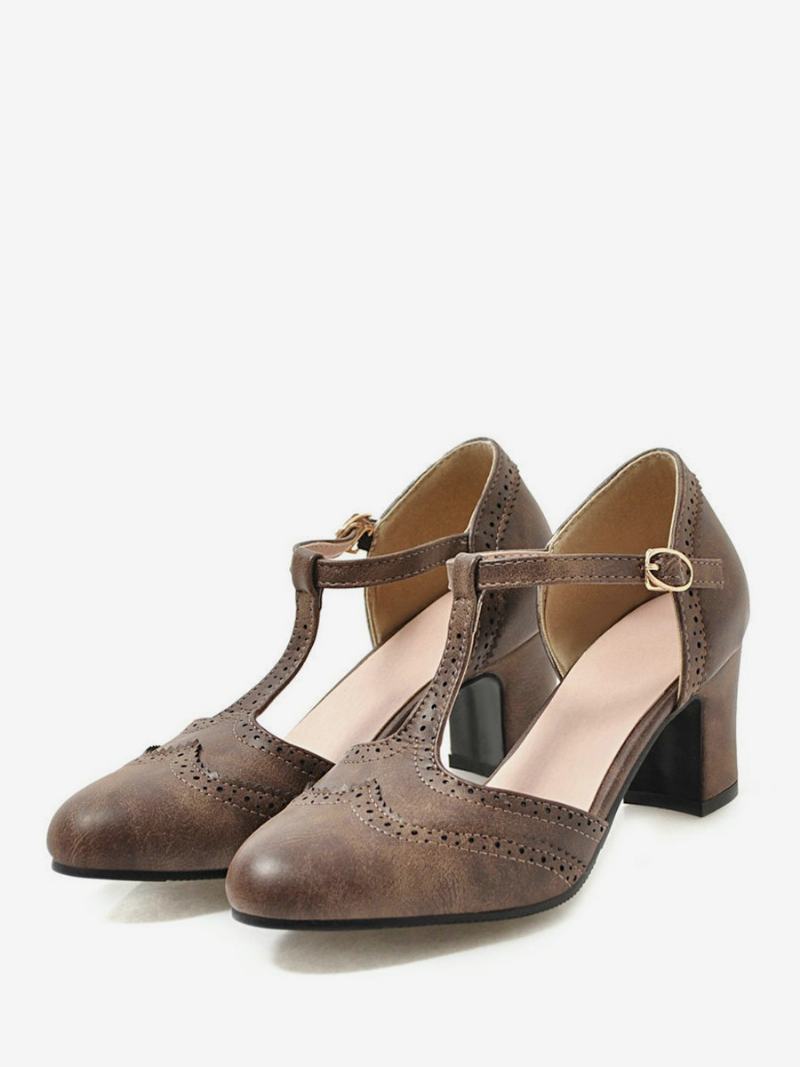 Γυναικεία Λευκά Vintage Παπούτσια Chunky Heek T Strap Pumps - Καφέ Καφέ