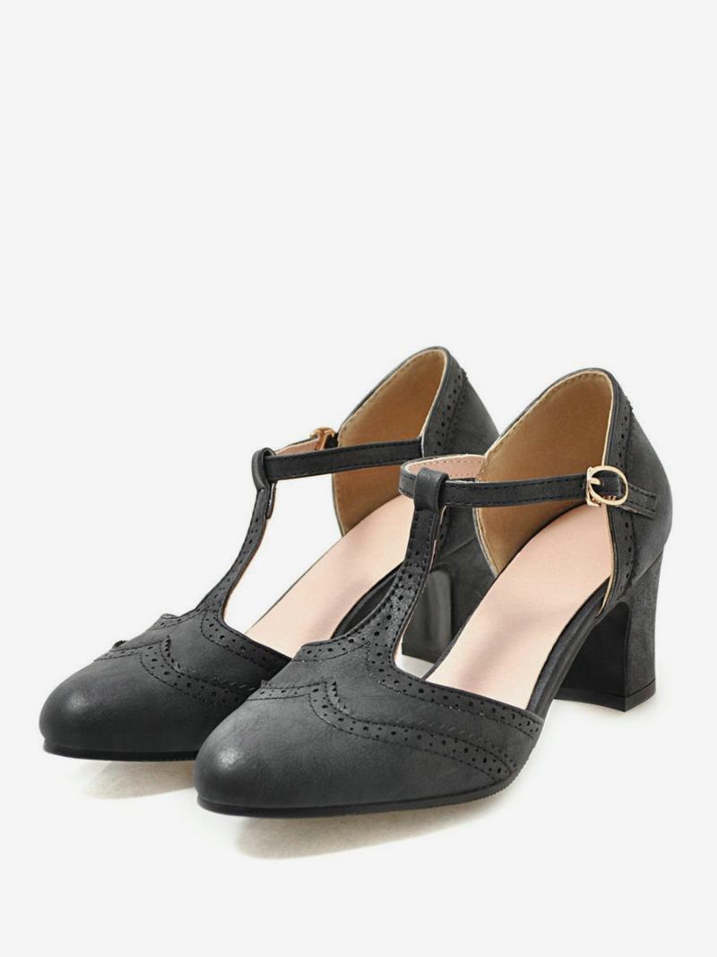 Γυναικεία Λευκά Vintage Παπούτσια Chunky Heek T Strap Pumps - Μαύρο