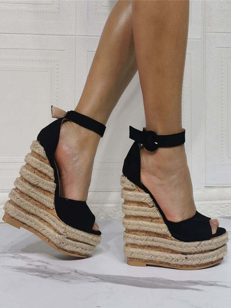 Γυναικεία Λουριά Αστραγάλου Πλατφόρμα Espadrille Wedge Σανδάλια - Μαύρος