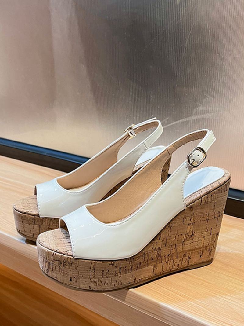 Γυναικεία Λουστρίνια Peep Toe Σανδάλια White Wedge