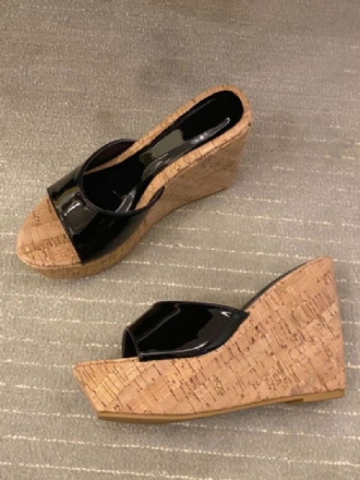 Γυναικεία Μαύρα Mules Peep Toe Wedge Heel Patent Pu Καλοκαιρινή Παντόφλα Φτέρνας