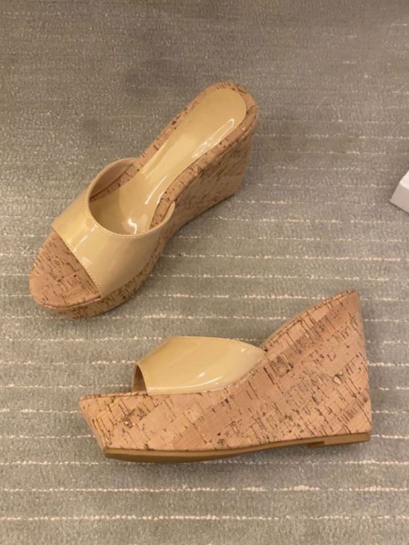 Γυναικεία Μαύρα Mules Peep Toe Wedge Heel Patent Pu Καλοκαιρινή Παντόφλα Φτέρνας - Βαθύ Ανοιχτό Κίτρινο