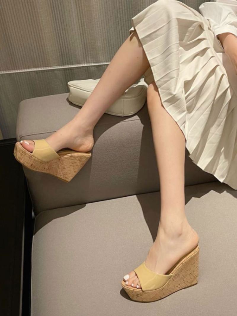 Γυναικεία Μαύρα Mules Peep Toe Wedge Heel Patent Pu Καλοκαιρινή Παντόφλα Φτέρνας - Βαθύ Ανοιχτό Κίτρινο