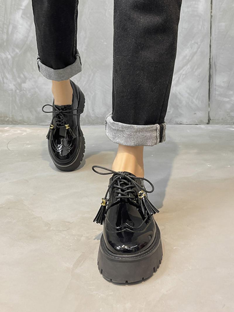 Γυναικεία Μαύρα Oxfords Flatform Στρογγυλά Παπούτσια Με Κορδόνια Casual - Μαύρος