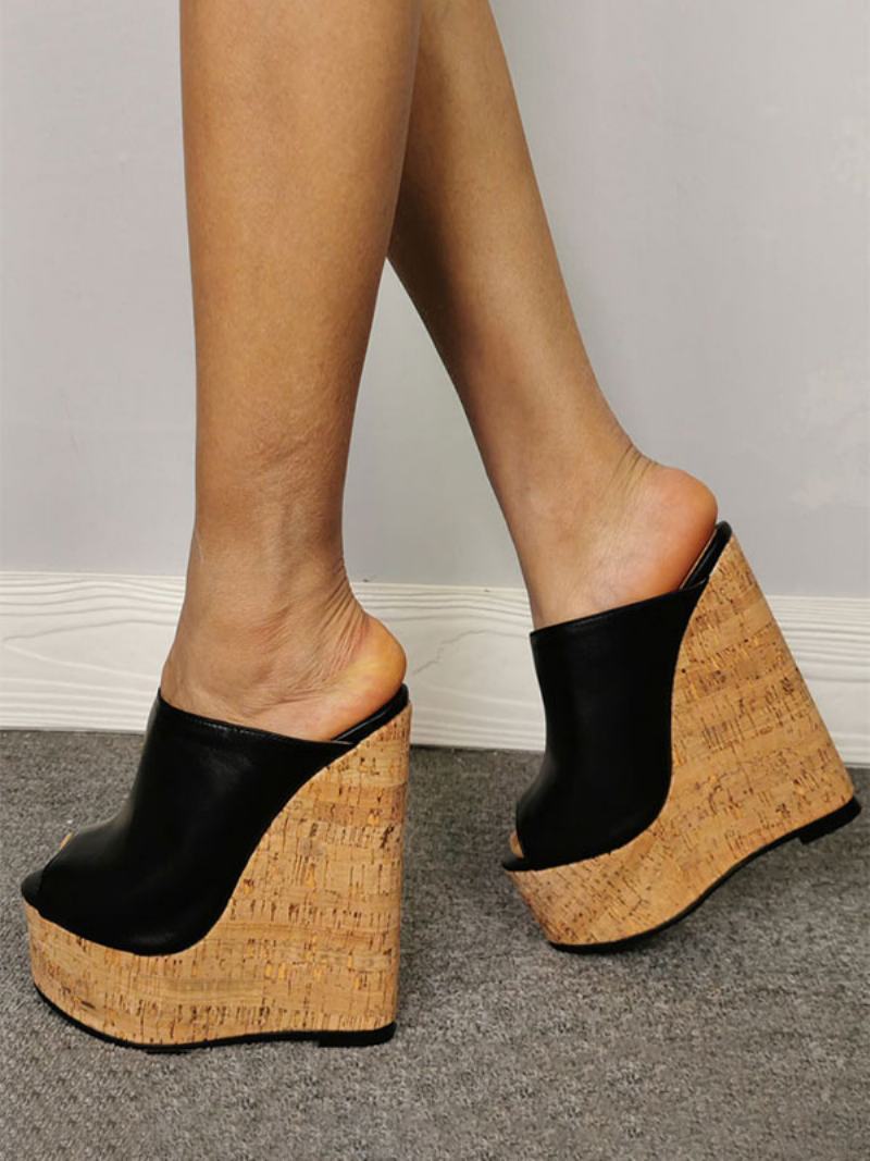 Γυναικεία Μαύρα Peep Toe Pu Δερμάτινα Wedge Mules