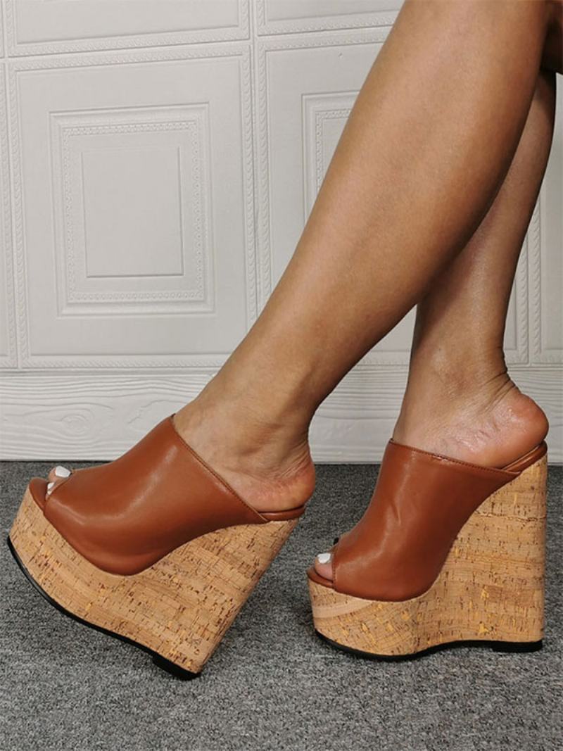 Γυναικεία Μαύρα Peep Toe Pu Δερμάτινα Wedge Mules - Καστανιά Καφέ