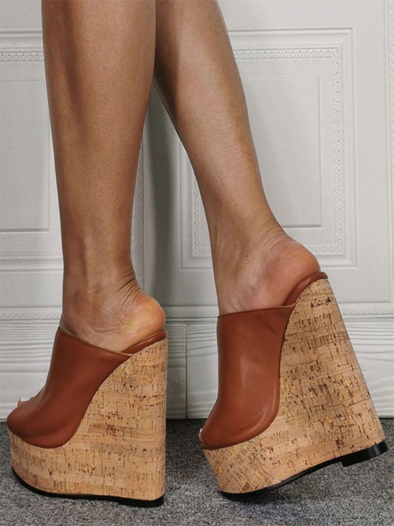 Γυναικεία Μαύρα Peep Toe Pu Δερμάτινα Wedge Mules - Καστανιά Καφέ