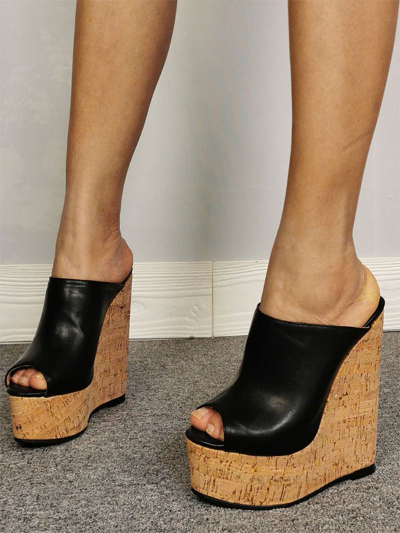 Γυναικεία Μαύρα Peep Toe Pu Δερμάτινα Wedge Mules - Μαύρο