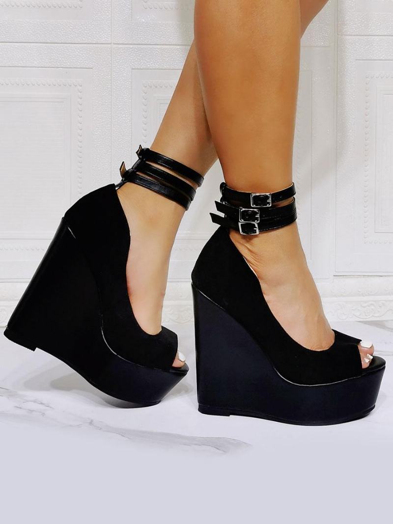 Γυναικεία Μαύρα Πέδιλα Με Σφήνα Peep Toe Wedge Heel Micro Suede Πάνω Στον Αστράγαλο Τακούνι - Μαύρος