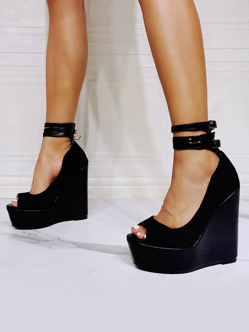 Γυναικεία Μαύρα Πέδιλα Με Σφήνα Peep Toe Wedge Heel Micro Suede Πάνω Στον Αστράγαλο Τακούνι - Μαύρος