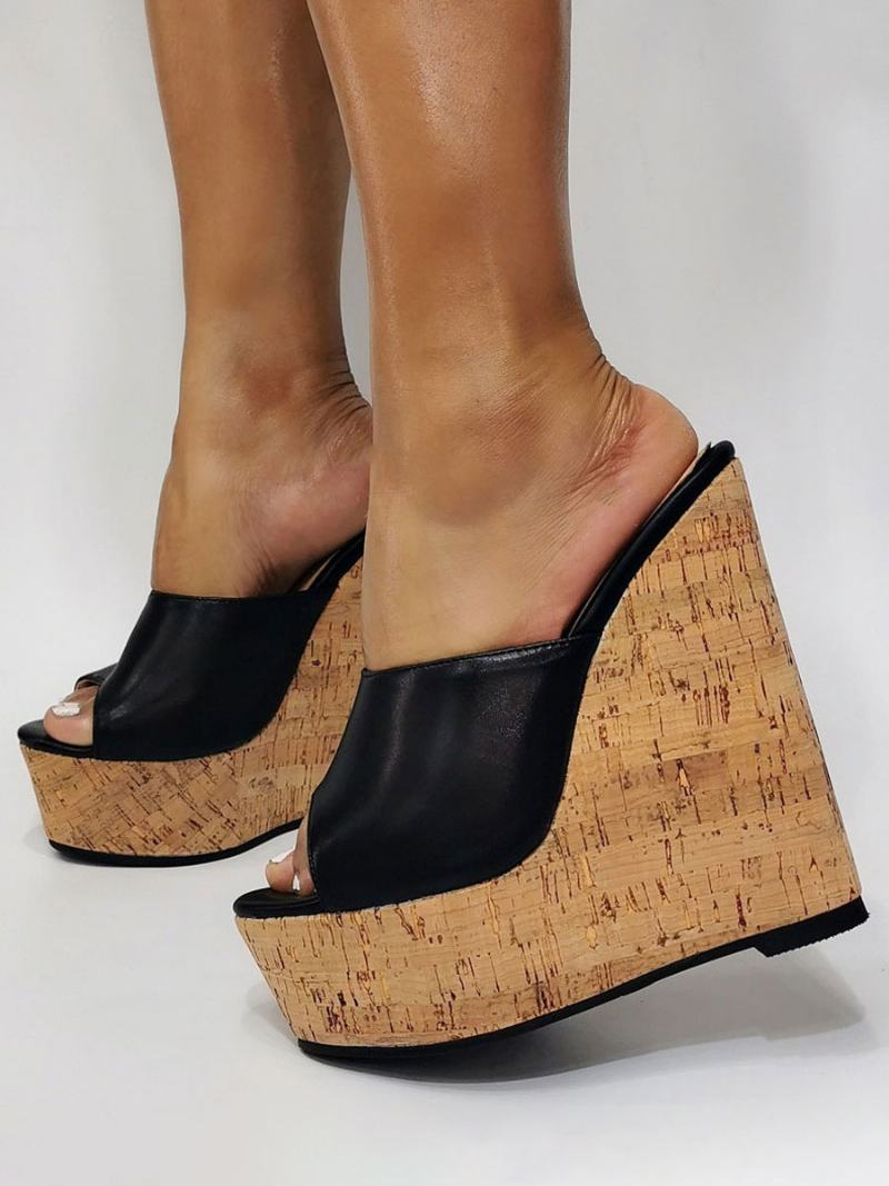 Γυναικεία Μαύρα Πέδιλα Πλατφόρμας Peep Toe Wedge