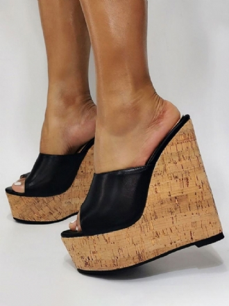 Γυναικεία Μαύρα Πέδιλα Πλατφόρμας Peep Toe Wedge