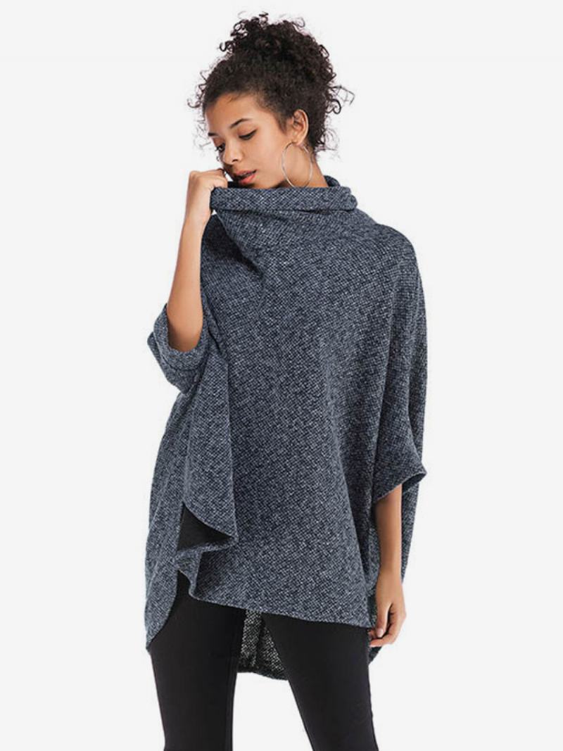 Γυναικεία Μισά Μανίκια Cape Ψηλός Γιακάς Oversized Casual Elegant Poncho - Σκούρο Ναυτικό