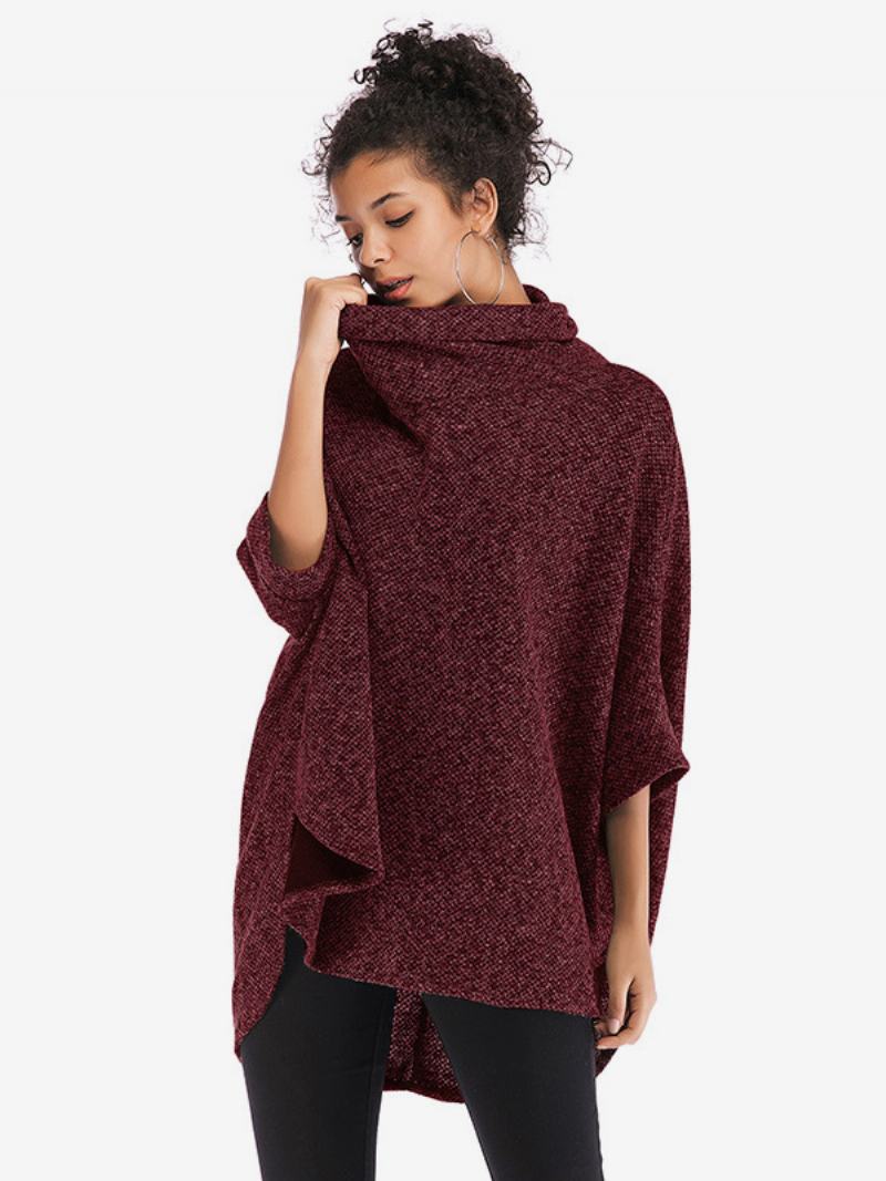 Γυναικεία Μισά Μανίκια Cape Ψηλός Γιακάς Oversized Casual Elegant Poncho - Βουργουνδία