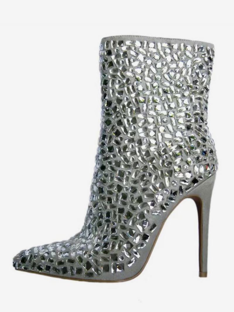 Γυναικεία Μποτάκια Με Στρας Μυτερή Μύτη Stiletto Heel Party Booties - Ανοιχτό Γκρι