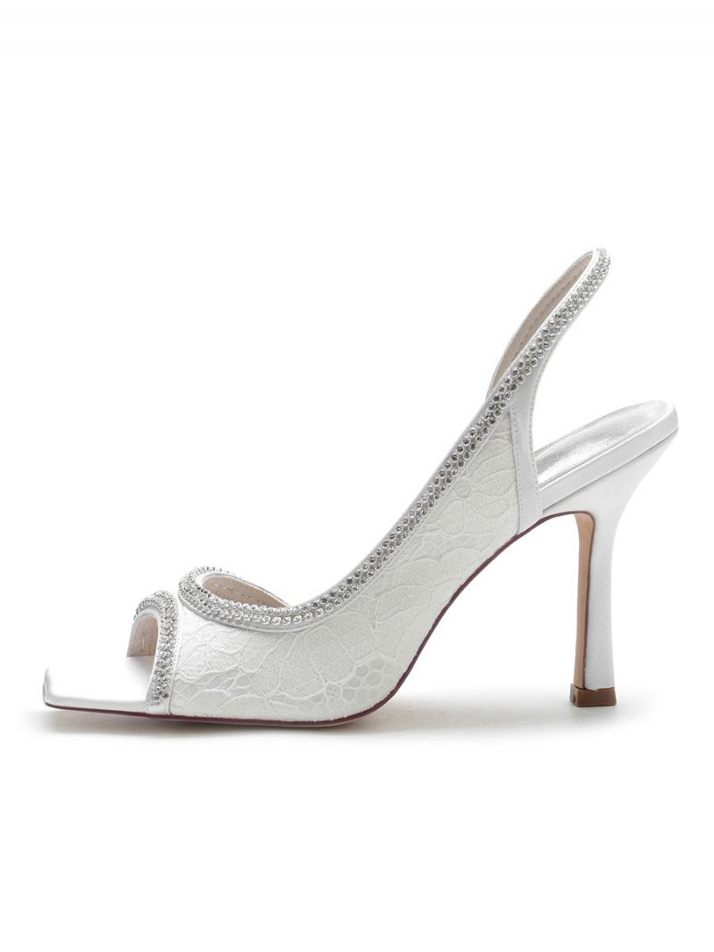 Γυναικεία Νυφικά Πέδιλα Με Στρας Δαντέλα Slingback Stiletto Heel - Λευκό