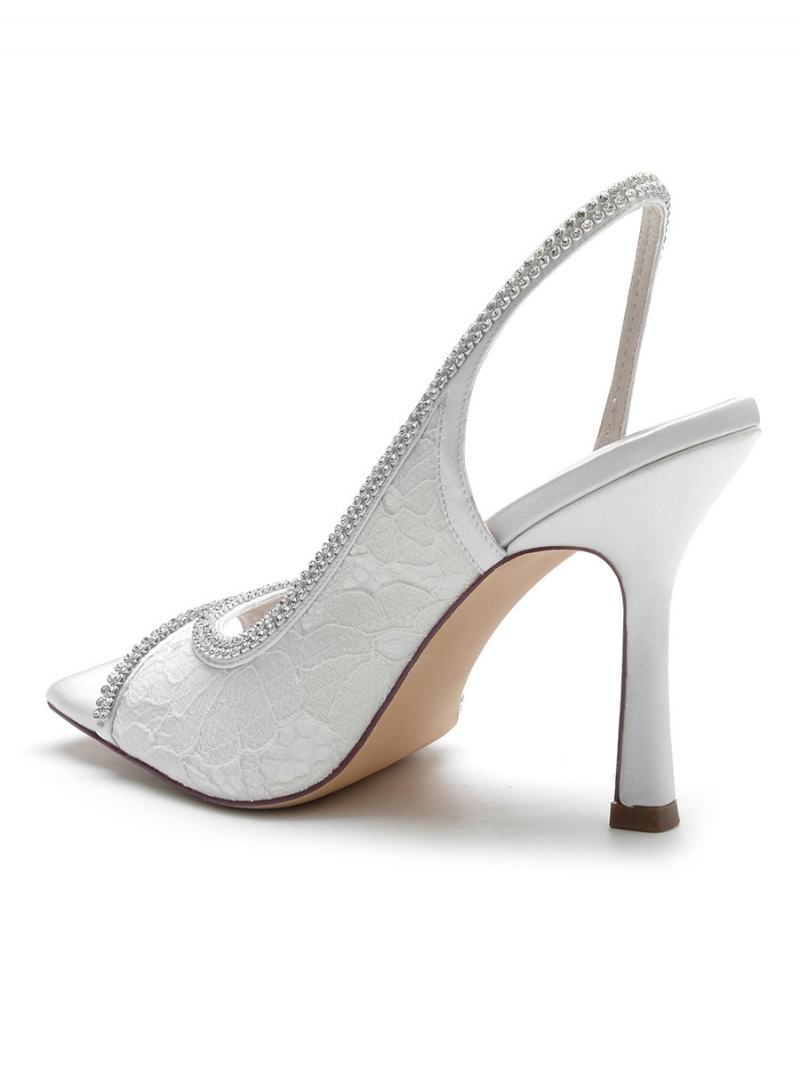 Γυναικεία Νυφικά Πέδιλα Με Στρας Δαντέλα Slingback Stiletto Heel - Λευκό