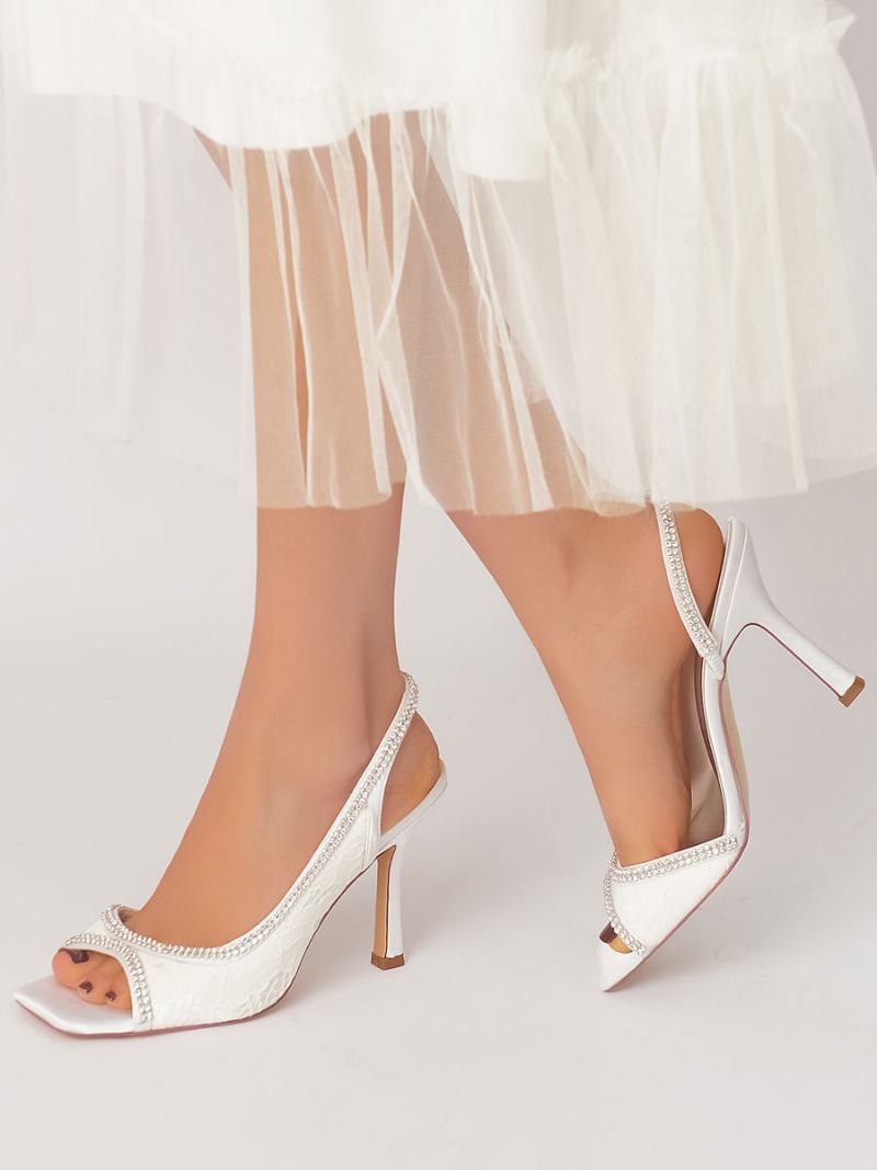 Γυναικεία Νυφικά Πέδιλα Με Στρας Δαντέλα Slingback Stiletto Heel - Λευκό