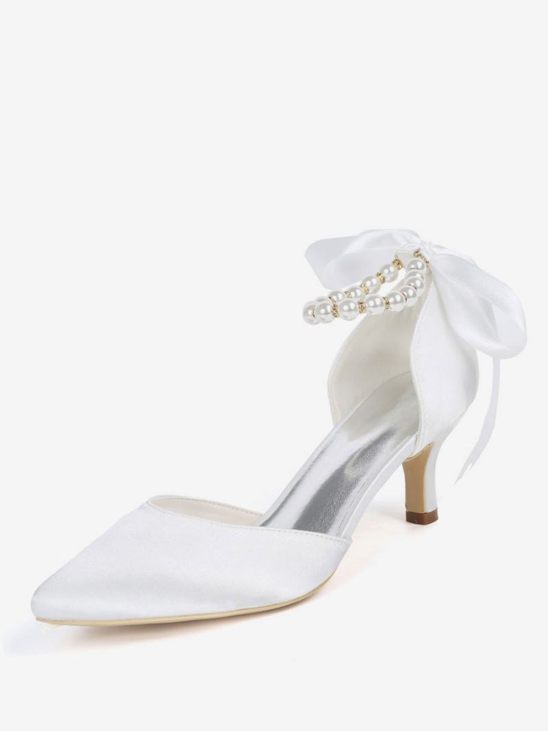 Γυναικεία Νυφικά Παπούτσια Pearls Ankle Strap Tie Up Kitten Heels - Λευκό