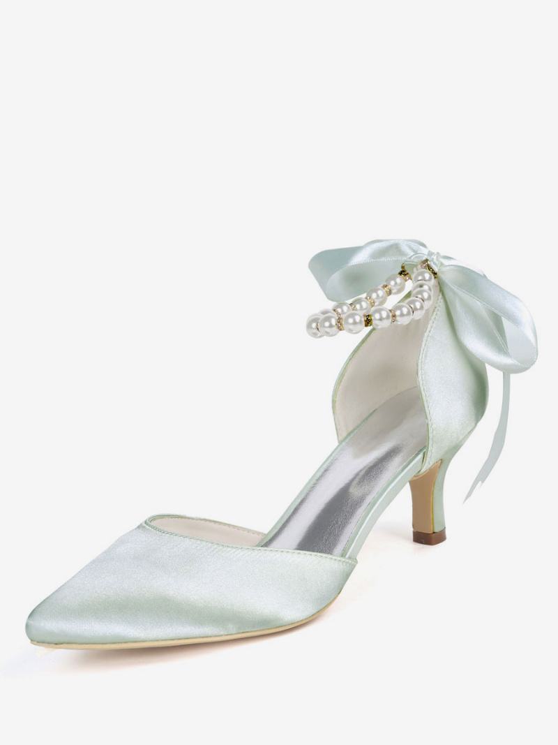 Γυναικεία Νυφικά Παπούτσια Pearls Ankle Strap Tie Up Kitten Heels - Ασημί