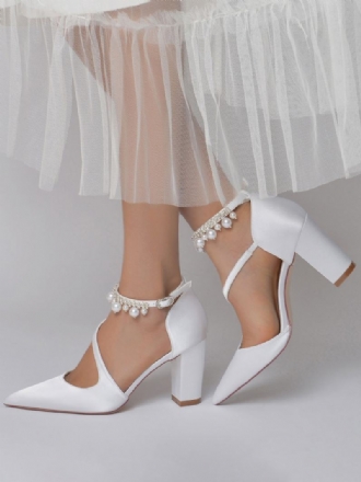 Γυναικεία Νυφικά Παπούτσια Pearls Chunky Heel Pumps Σε Σατέν