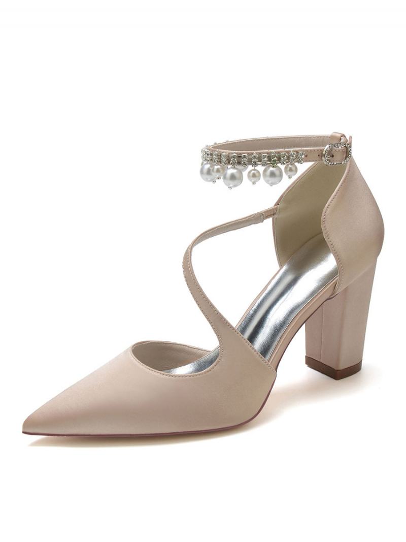 Γυναικεία Νυφικά Παπούτσια Pearls Chunky Heel Pumps Σε Σατέν - Σαμπάνια