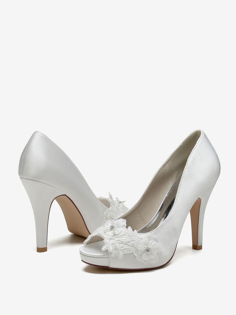 Γυναικεία Νυφικά Παπούτσια Pumps Satin Peep Toe - Ελεφαντοστού