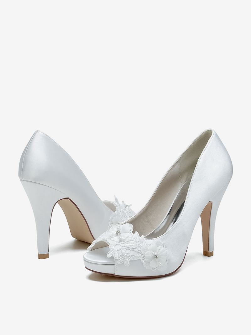 Γυναικεία Νυφικά Παπούτσια Pumps Satin Peep Toe - Λευκό