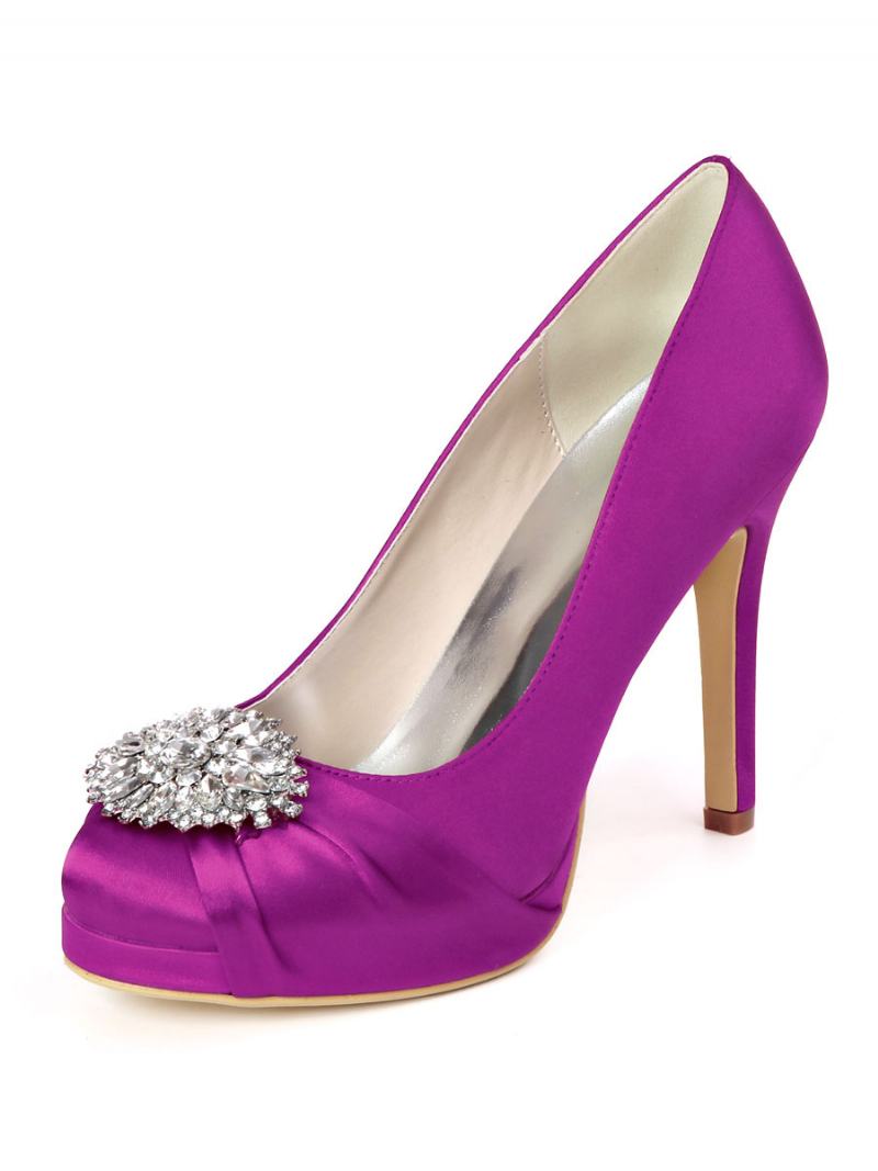 Γυναικεία Νυφικά Παπούτσια Rhinestone Platform Pumps Με Τακούνι Σε Σατέν - Μωβ