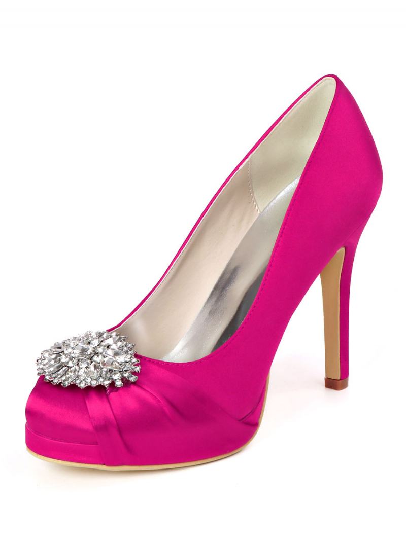 Γυναικεία Νυφικά Παπούτσια Rhinestone Platform Pumps Με Τακούνι Σε Σατέν - Ροζ