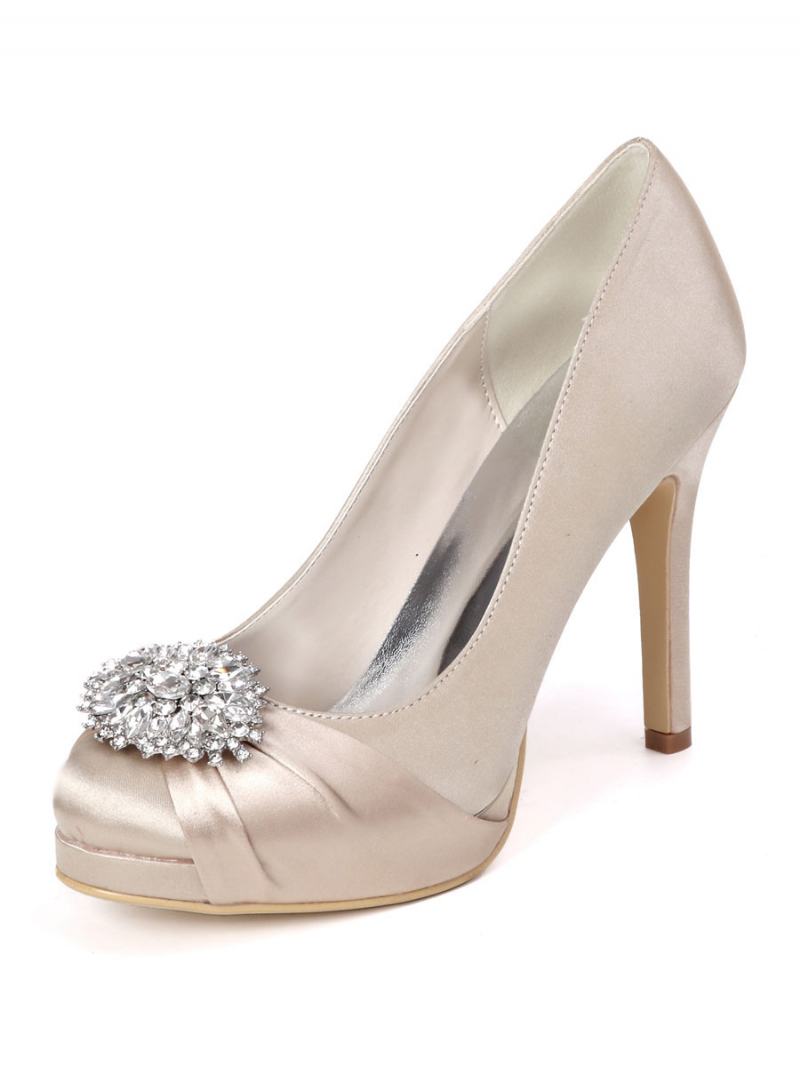 Γυναικεία Νυφικά Παπούτσια Rhinestone Platform Pumps Με Τακούνι Σε Σατέν - Σαμπάνια