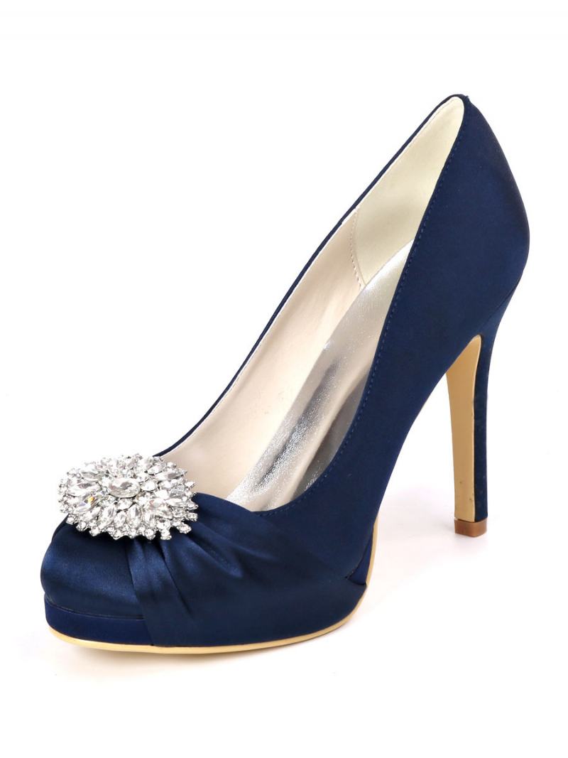 Γυναικεία Νυφικά Παπούτσια Rhinestone Platform Pumps Με Τακούνι Σε Σατέν - Βαθύ Μπλε