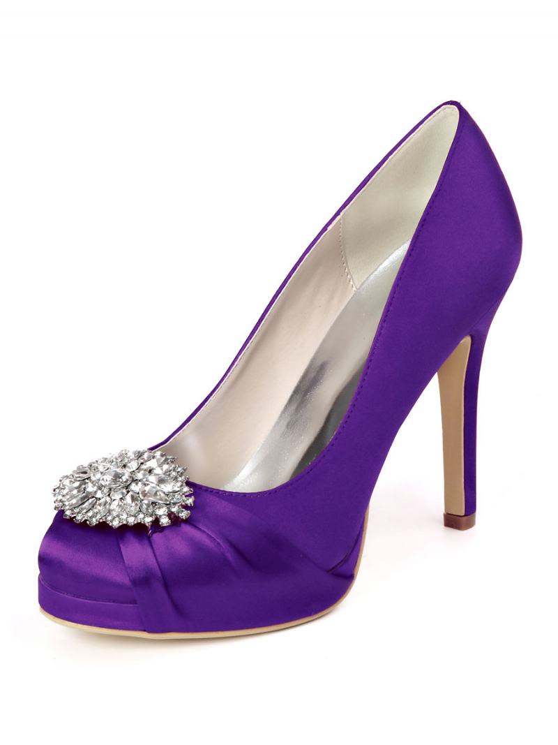 Γυναικεία Νυφικά Παπούτσια Rhinestone Platform Pumps Με Τακούνι Σε Σατέν - Βαθύ Μωβ