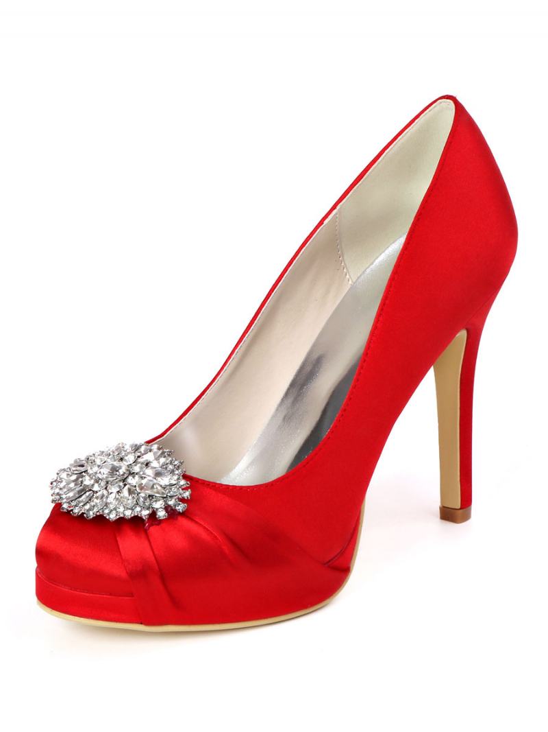 Γυναικεία Νυφικά Παπούτσια Rhinestone Platform Pumps Με Τακούνι Σε Σατέν - Κόκκινο 