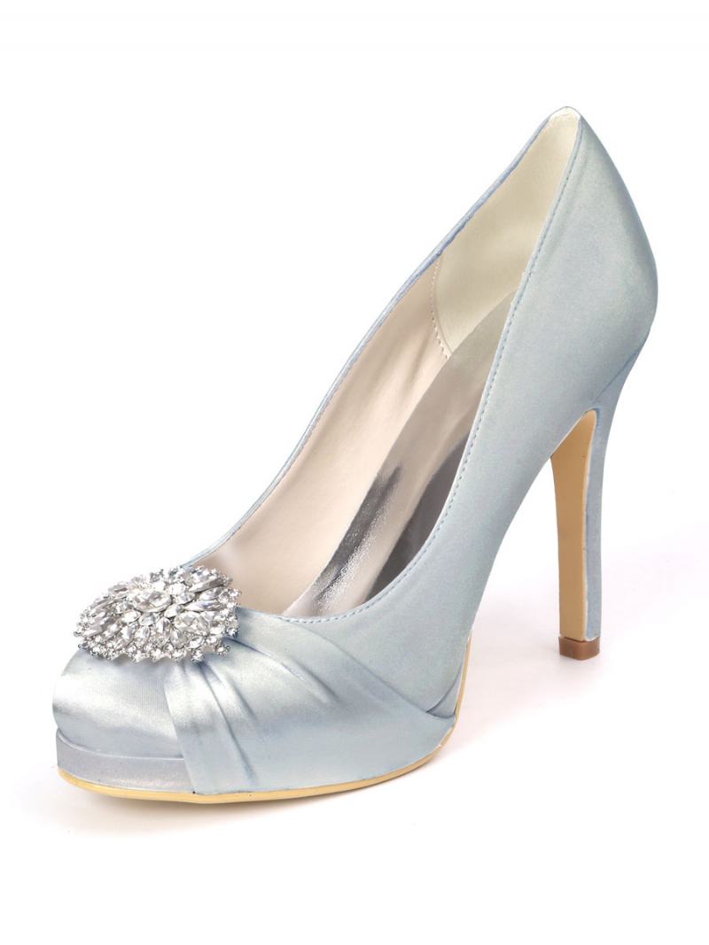 Γυναικεία Νυφικά Παπούτσια Rhinestone Platform Pumps Με Τακούνι Σε Σατέν - Ασημί