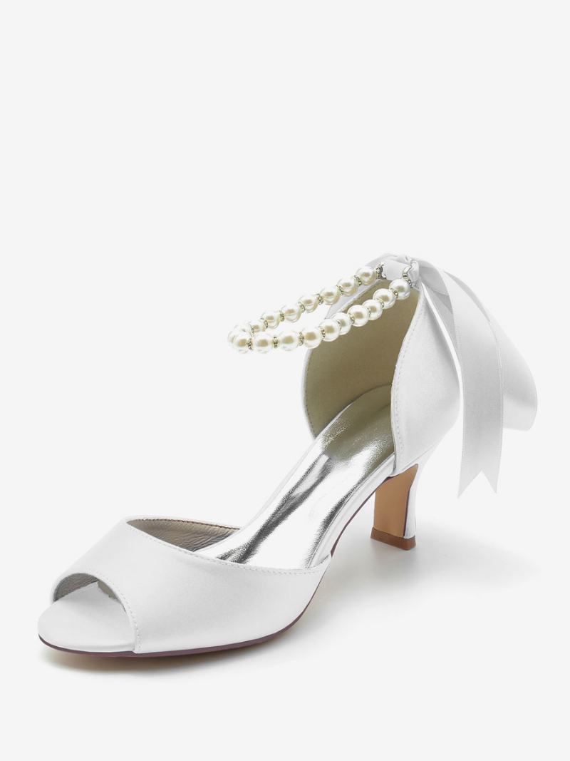 Γυναικεία Νυφικά Παπούτσια Satin White Pearls Peep Toe Bow Ankle Strap Pumps