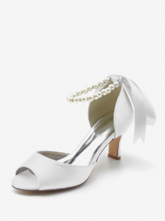 Γυναικεία Νυφικά Παπούτσια Satin White Pearls Peep Toe Bow Ankle Strap Pumps