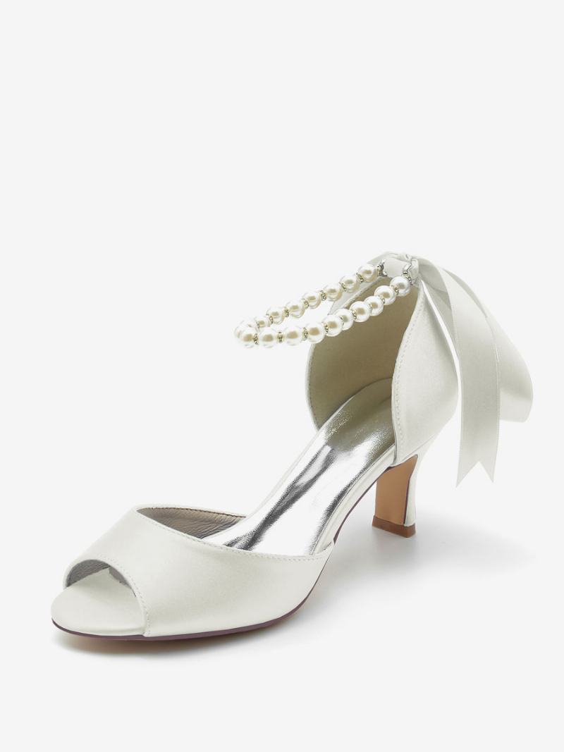 Γυναικεία Νυφικά Παπούτσια Satin White Pearls Peep Toe Bow Ankle Strap Pumps - Ελεφαντοστού