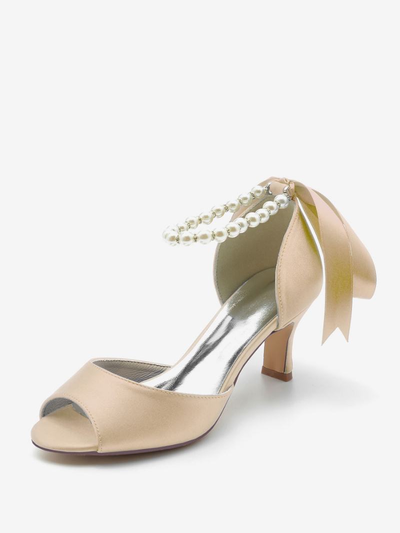 Γυναικεία Νυφικά Παπούτσια Satin White Pearls Peep Toe Bow Ankle Strap Pumps - Σαμπάνια