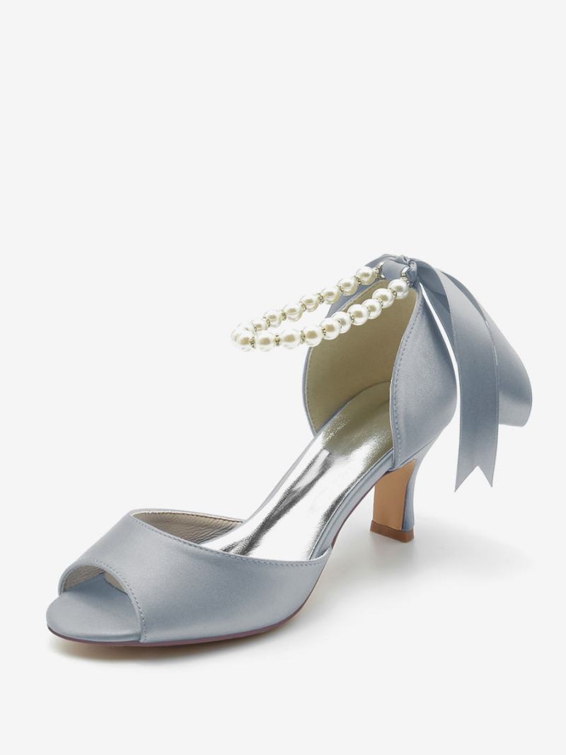 Γυναικεία Νυφικά Παπούτσια Satin White Pearls Peep Toe Bow Ankle Strap Pumps - Ασημί