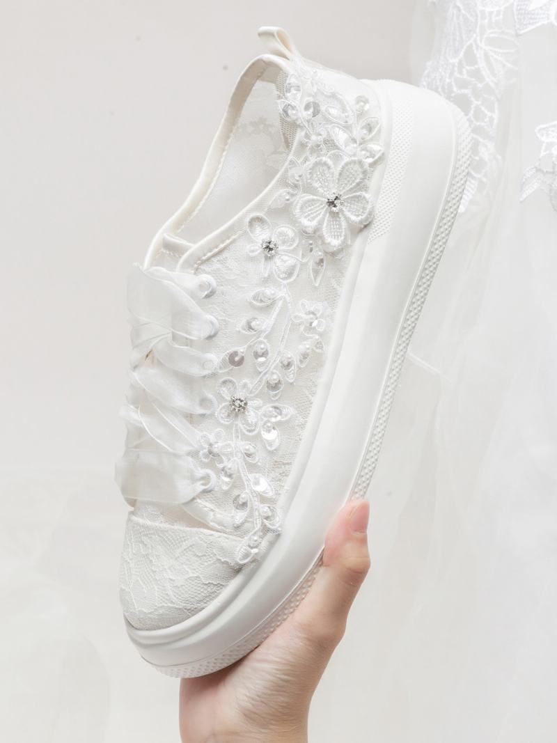 Γυναικεία Νυφικά Παπούτσια Με Δαντέλα Lace Up Flower Detail Falt - Ελεφαντόδοντο