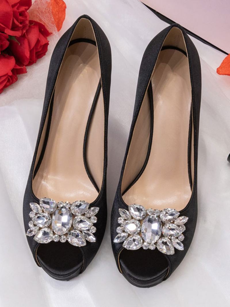 Γυναικεία Νυφικά Παπούτσια Με Τακούνι Peep Toe Rhinestone Pumps - Μαύρο