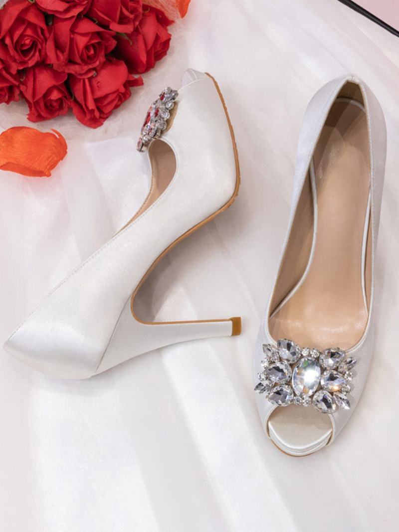 Γυναικεία Νυφικά Παπούτσια Με Τακούνι Peep Toe Rhinestone Pumps - Λευκό