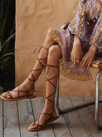 Γυναικεία Πέδιλα Boho Lace Up Flat Σανδάλια Brown Toe Loop Gladiator