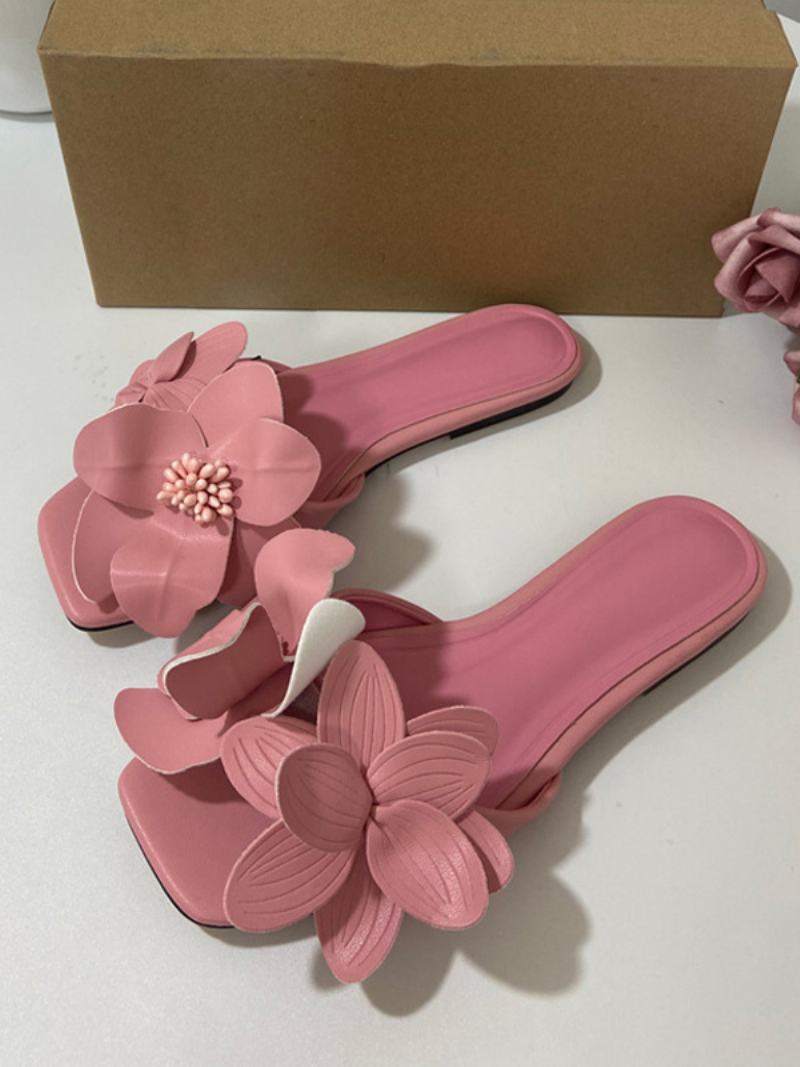 Γυναικεία Πέδιλα Slide Chic Flowers Microfiber Open Toe Kitten Heel Slippers - Ροζ