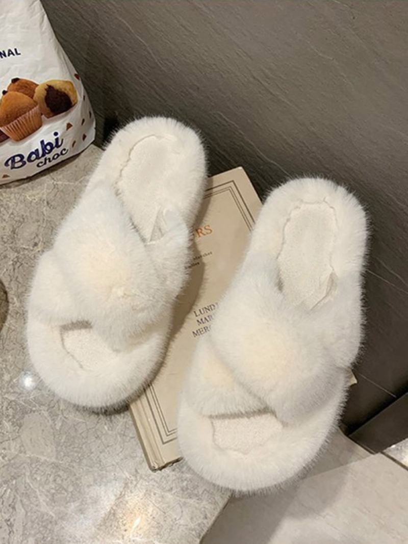 Γυναικεία Πέδιλα Slide Chic Fur Συνθετικό Υλικό Peep Toe Flat Παντόφλες - Μπεζ