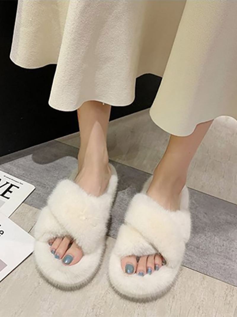 Γυναικεία Πέδιλα Slide Chic Fur Συνθετικό Υλικό Peep Toe Flat Παντόφλες - Μπεζ