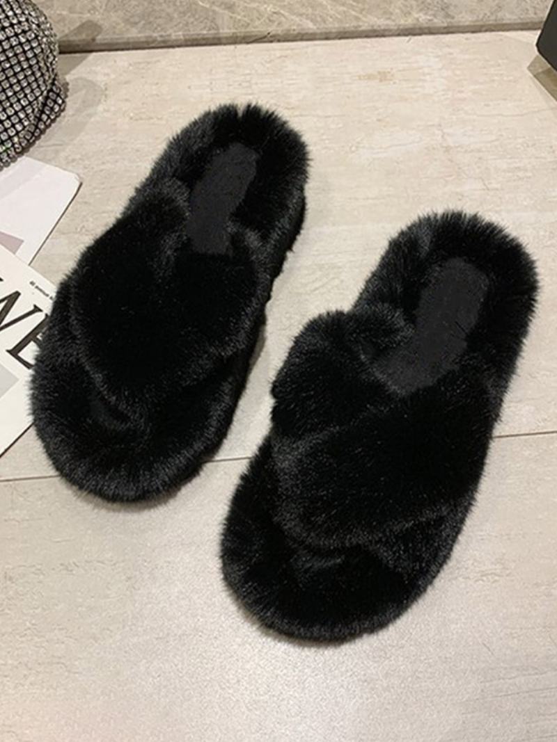 Γυναικεία Πέδιλα Slide Chic Fur Συνθετικό Υλικό Peep Toe Flat Παντόφλες - Μαύρο